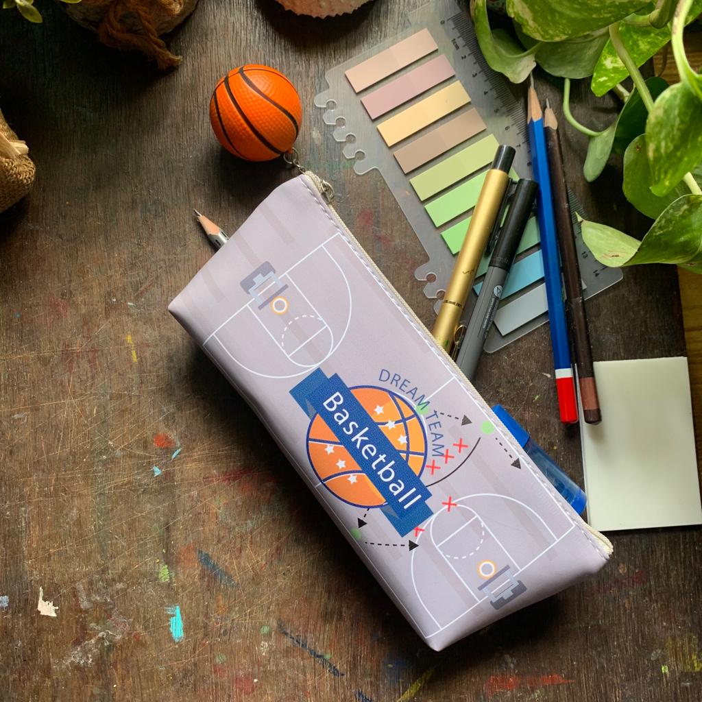 Pencil Fabric Bag Basket Ball Grey| 8X3 in