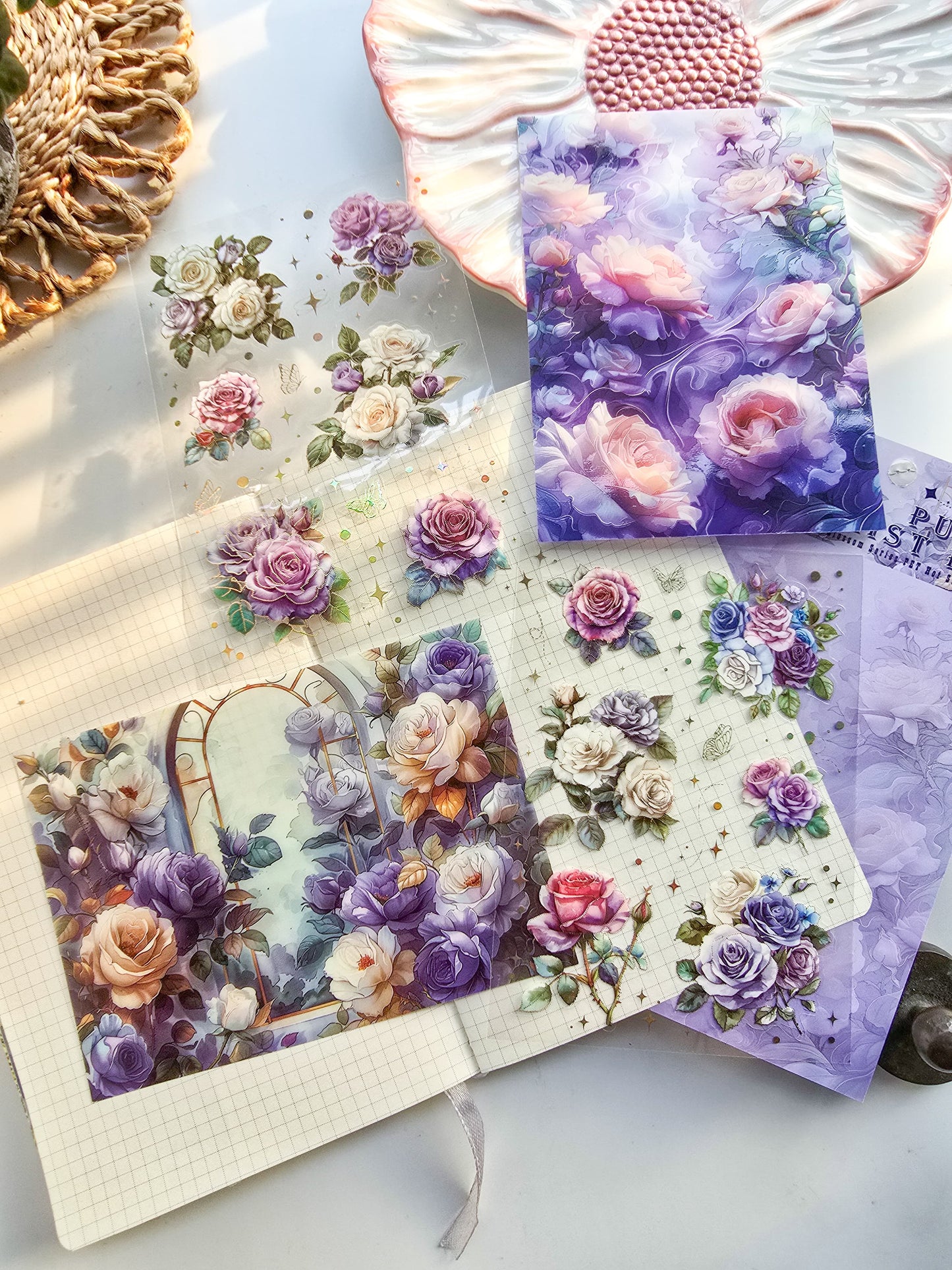 QWHK604 - stickers rose blossom series special oil hot stamping film cutting handbook waterproof pet stickers|Purple