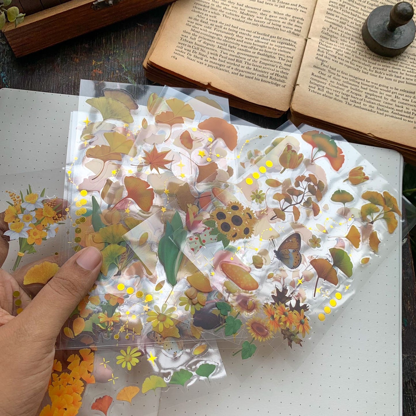 Slzg 402 PET Journal Paper Sticker song of ginkgo yellow leaf - 8 sheets