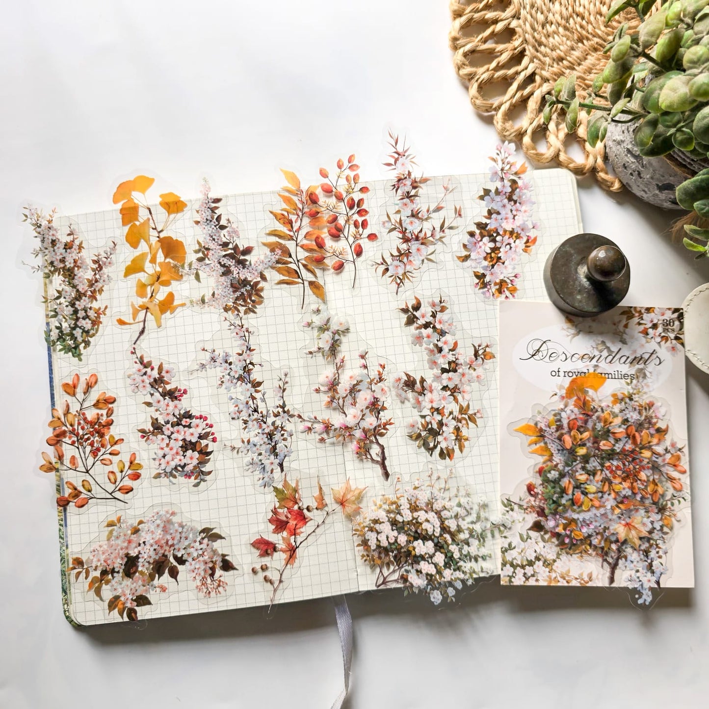 MZW23-TZ276-Dream Dance Sticker Pack Jade Leaves Series Plants and Flowers Handbook DIY Material Decoration Stickers 30 Sheets 6 Types
