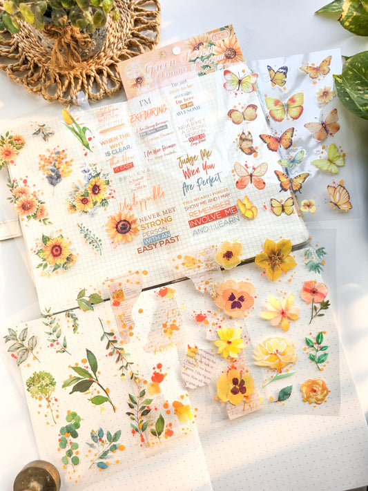 HDLY603 - sticker pack flower butterfly green leaf series retro PET cut film flower handbook material DIY 6 sheets(Yellow)
