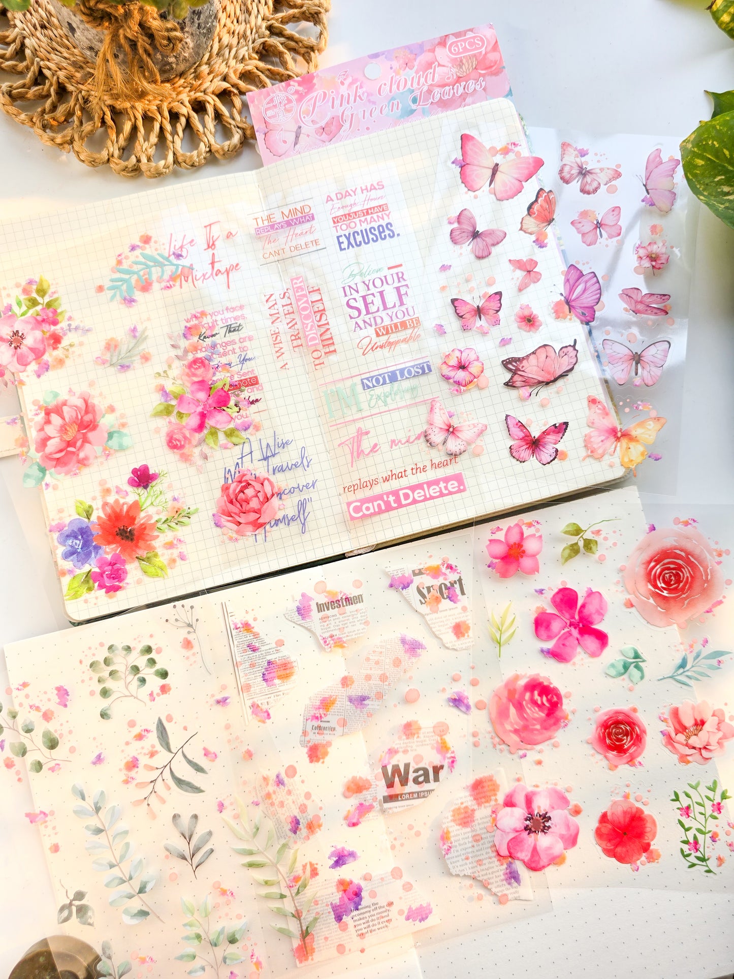 HDLY602 - sticker pack flower butterfly green leaf series retro PET cut film flower handbook material DIY 6 sheets(Pink)