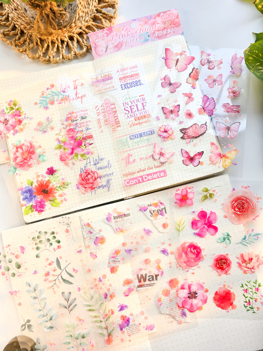 HDLY602 - sticker pack flower butterfly green leaf series retro PET cut film flower handbook material DIY 6 sheets(Pink)