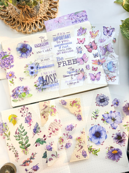 HDLY606 - sticker pack flower butterfly green leaf series retro PET cut film flower handbook material DIY 6 sheets(Purple)