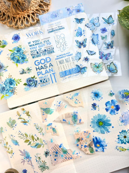 HDLY605 - sticker pack flower butterfly green leaf series retro PET cut film flower handbook material DIY 6 sheets(Blue)