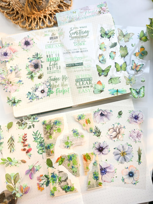 HDLY601 - sticker pack flower butterfly green leaf series retro PET cut film flower handbook material DIY 6 sheets(Green)