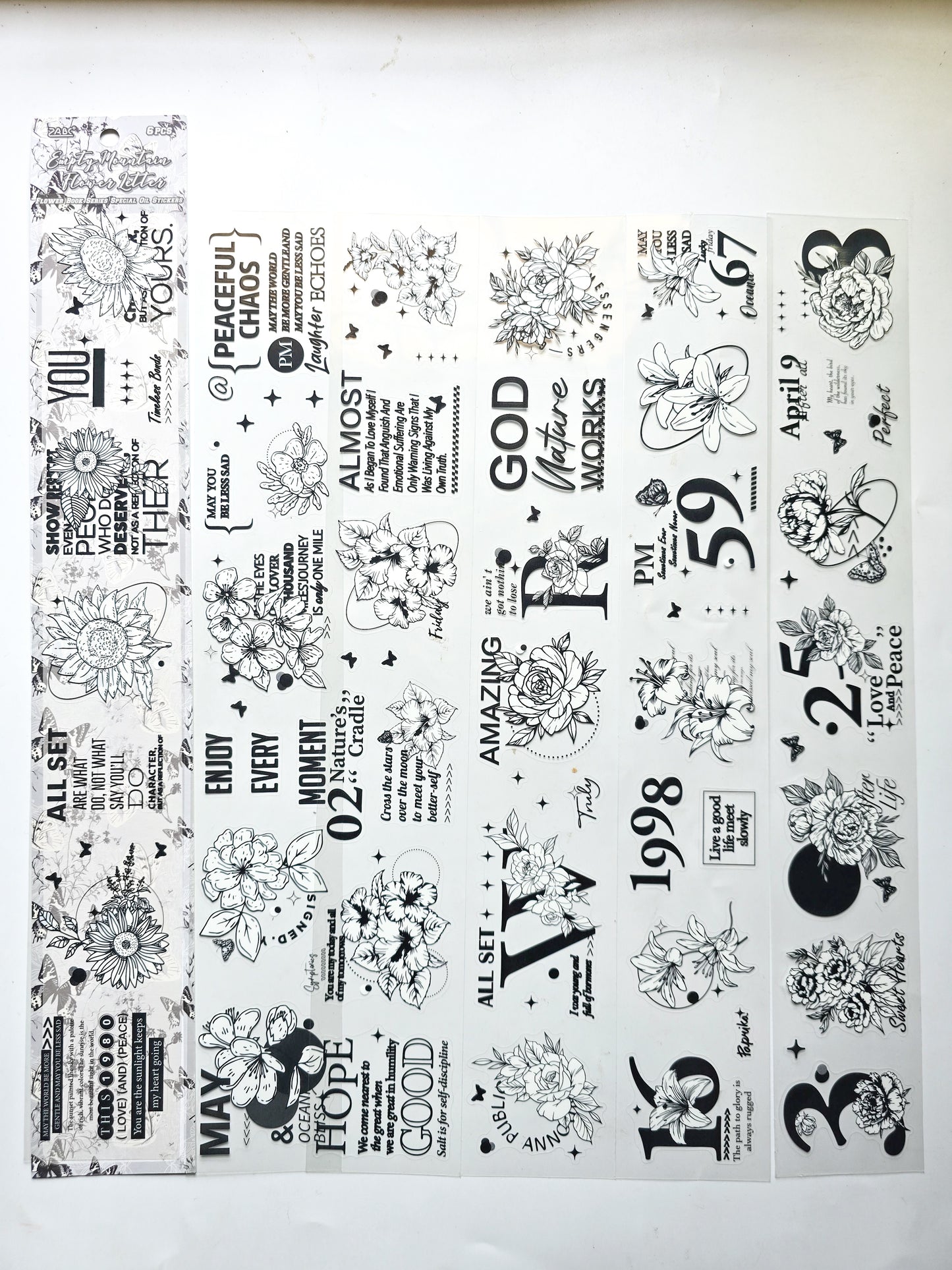 HSJJ-606 Flower Long Sticker Set |Floral Stickers Black & White | 60*380mm | 6 Sheets