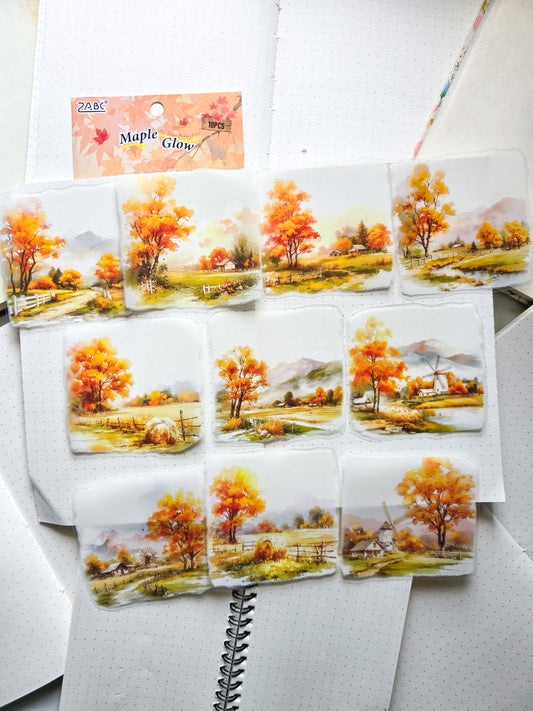 SJWY-403 Maple Glow| Transparent Pet Sticker| Scenery Theme|81-90mm 10Pcs|Yellow Theme