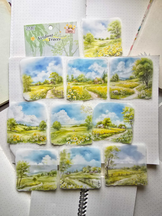 SJWY-401 Verdant Traces| Transparent Pet Sticker| Scenery Theme Season Series |81-90mm 10Pcs|Green Theme