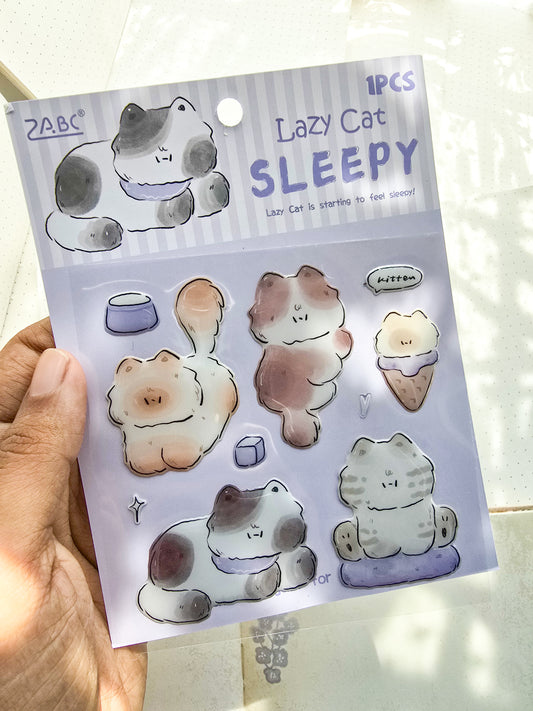 QXSS-12-06- Lazy Cat SLEEPY| Cute Cat Sticker| Animal Fluffy Sticker Cat 1 Sheet