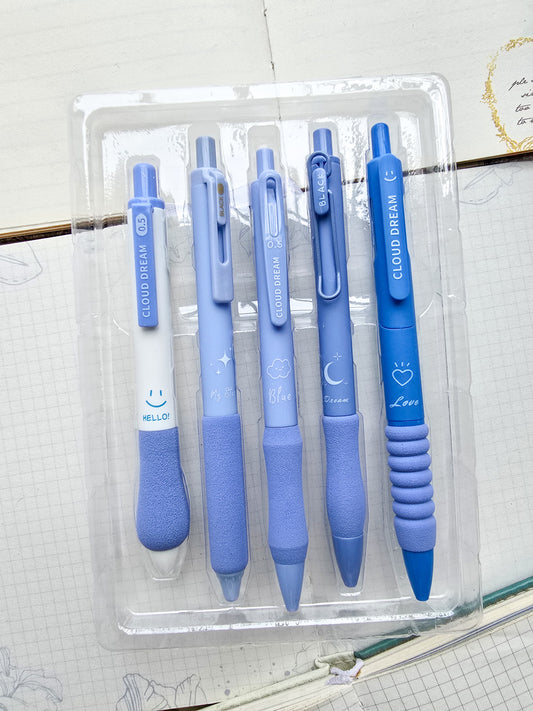Kbx6041A Kawaii Pen Set of 5 | Black ink 0.5 mm nib | Blue