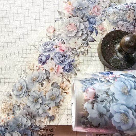 HHLN101 -B Flower Pet sticker Roll Blue | Floral Journal Sticker Retro Pet sticker