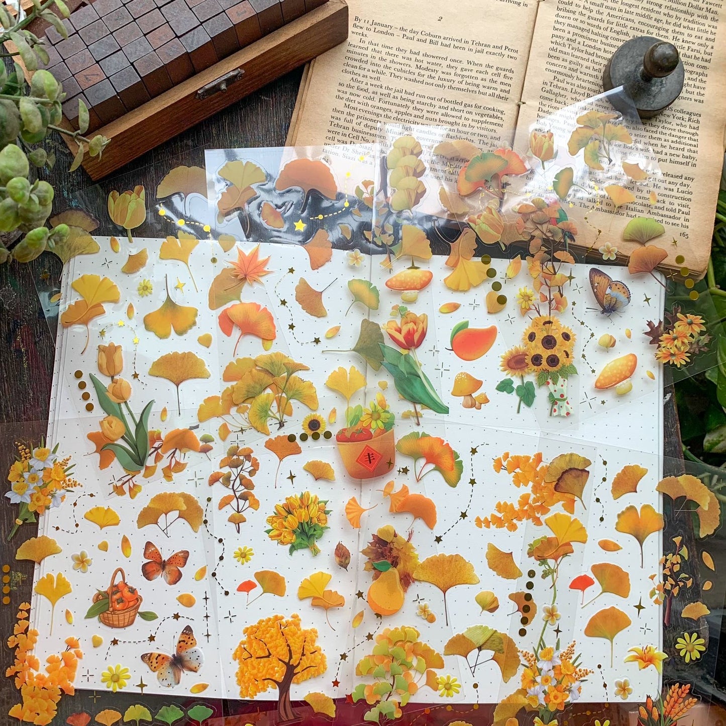 Slzg 402 PET Journal Paper Sticker song of ginkgo yellow leaf - 8 sheets