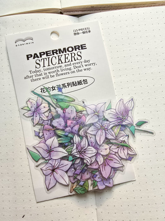 PMTZB-0143 Purple Flower Sticker| Transparent Pet Sticker 15 Pcs