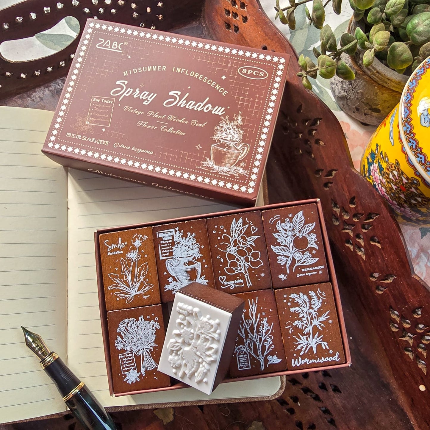 SXHX202- Wooden Stamp 8pcs Set| seal summer inflorescence series retro wooden hand account children's seal beech wood hand account