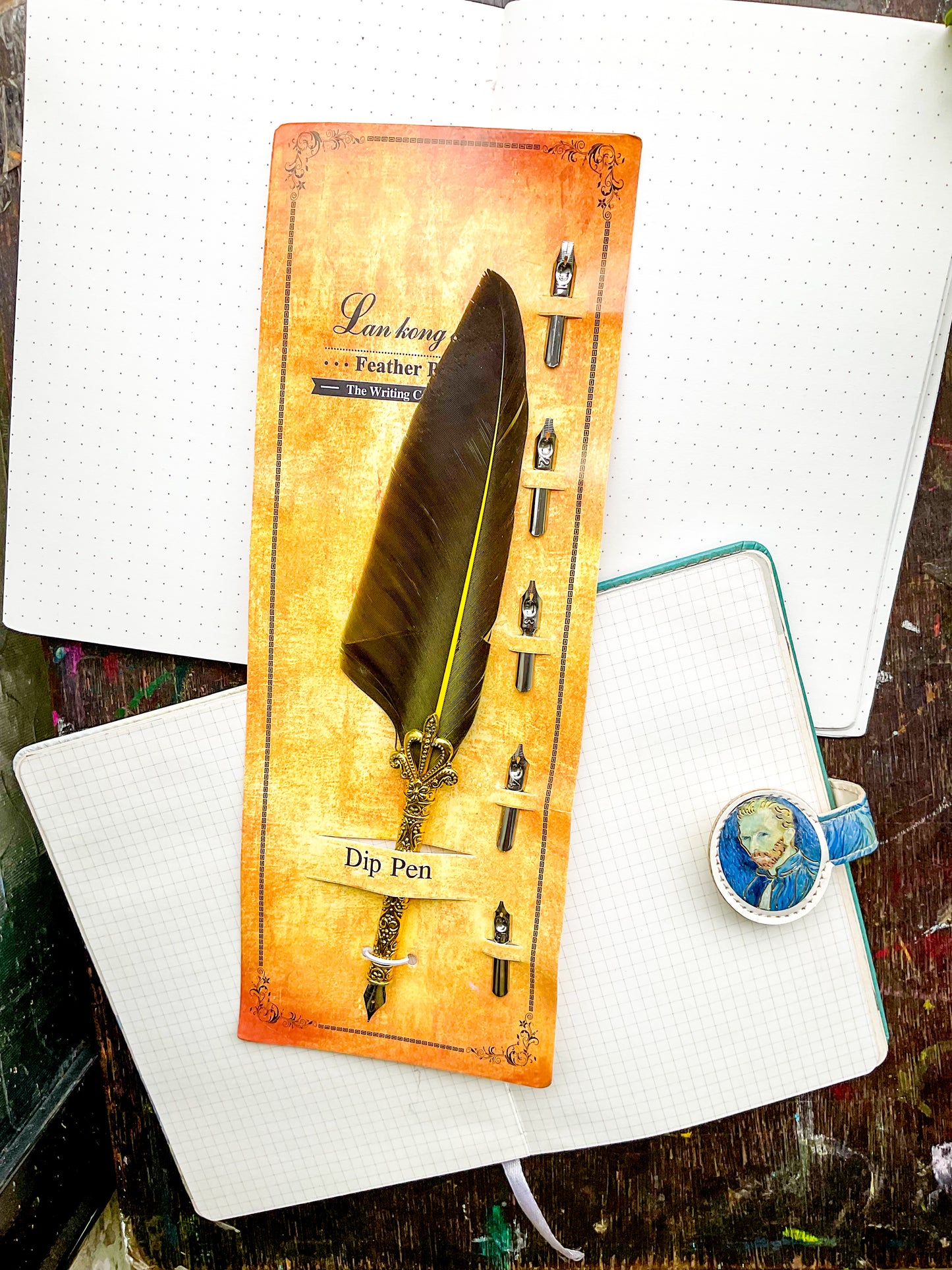 MG-265D-1 | Vintage-Style Yellow Gold Feather Dip Pen | Five Replacement Metals Nibs