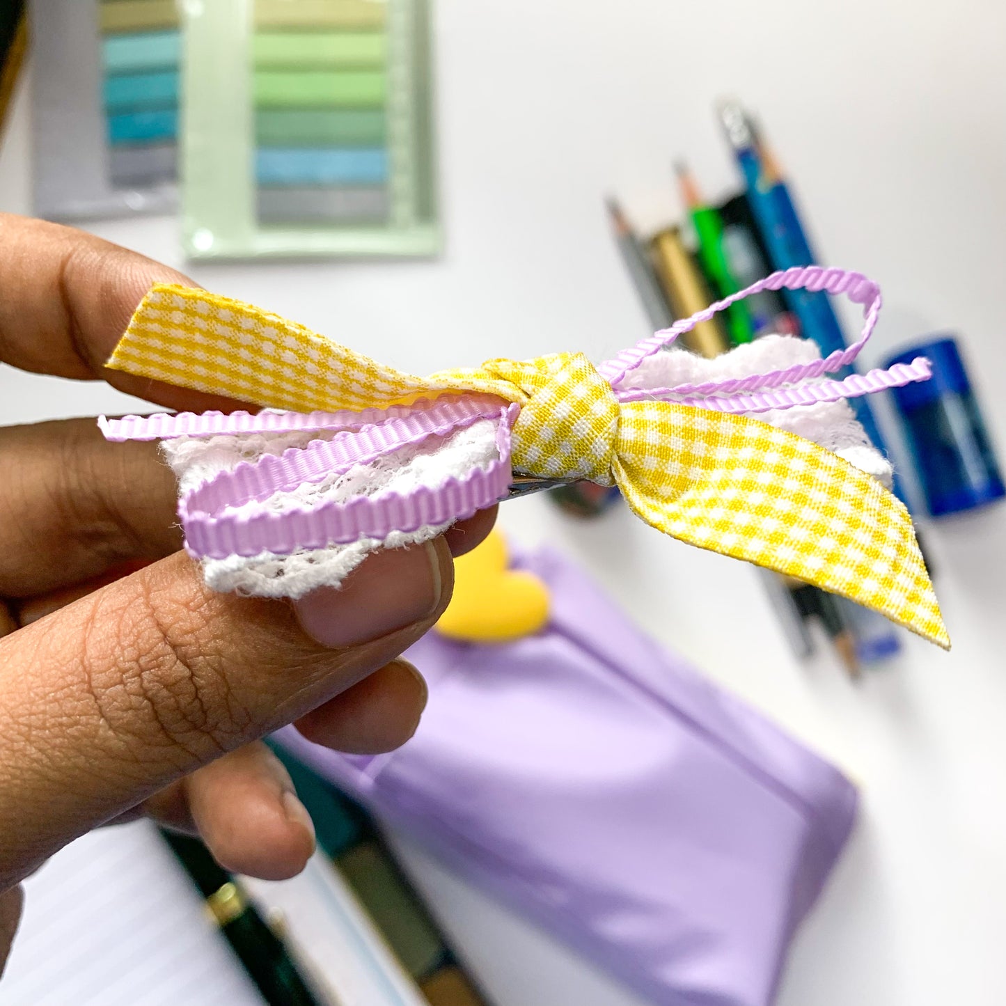 Pencil Fabric Bag With 2 Adorable Hair Clip Purple| 8X3 in