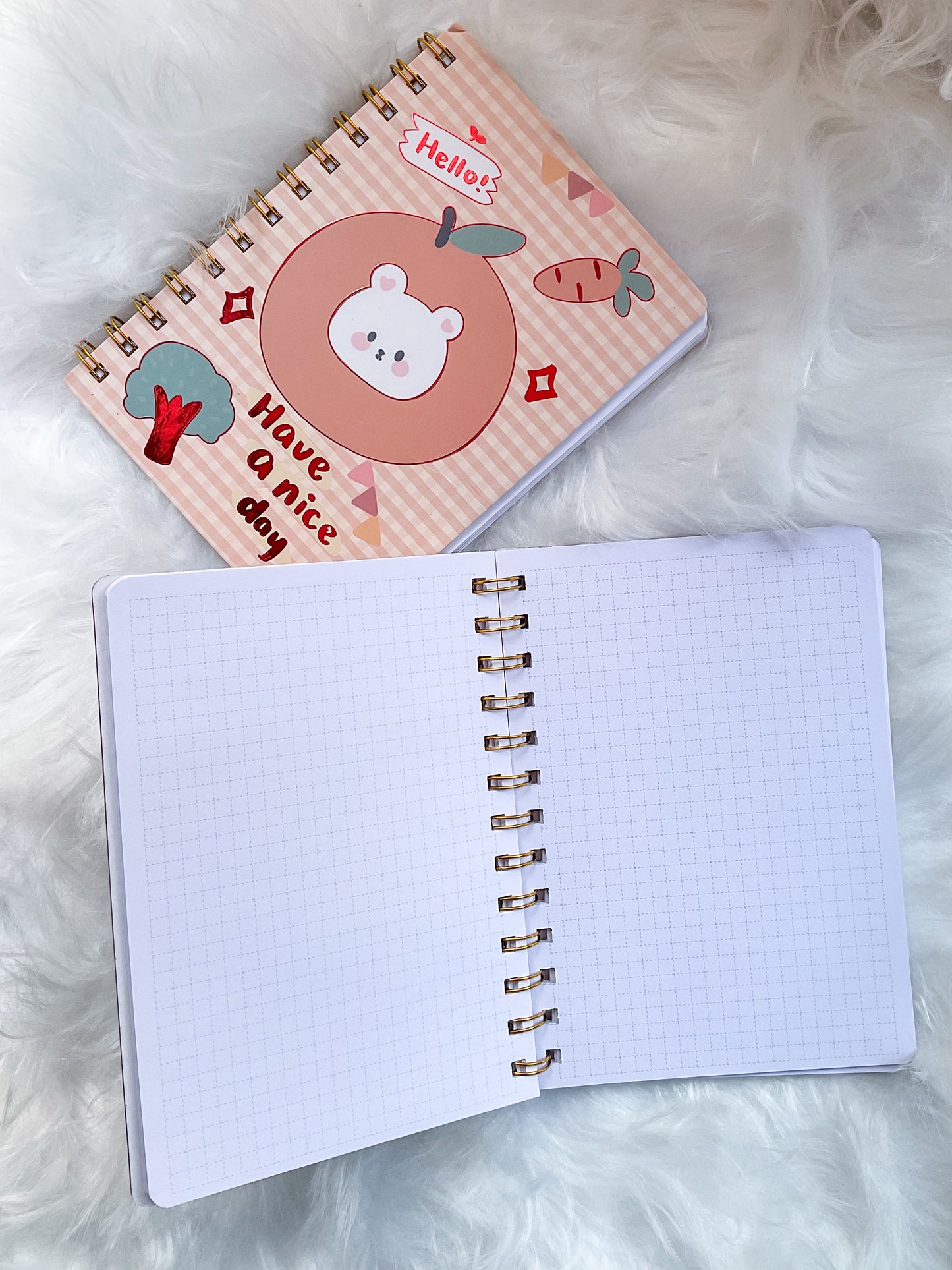 B501- |RF| hello! Have A Nice Day| Kawaii Dairy | Spiral binding | Square Grid Special Notebooks 80 Pages 17.5x12.5 cm |Spriral Cute Kawaii Character Diary