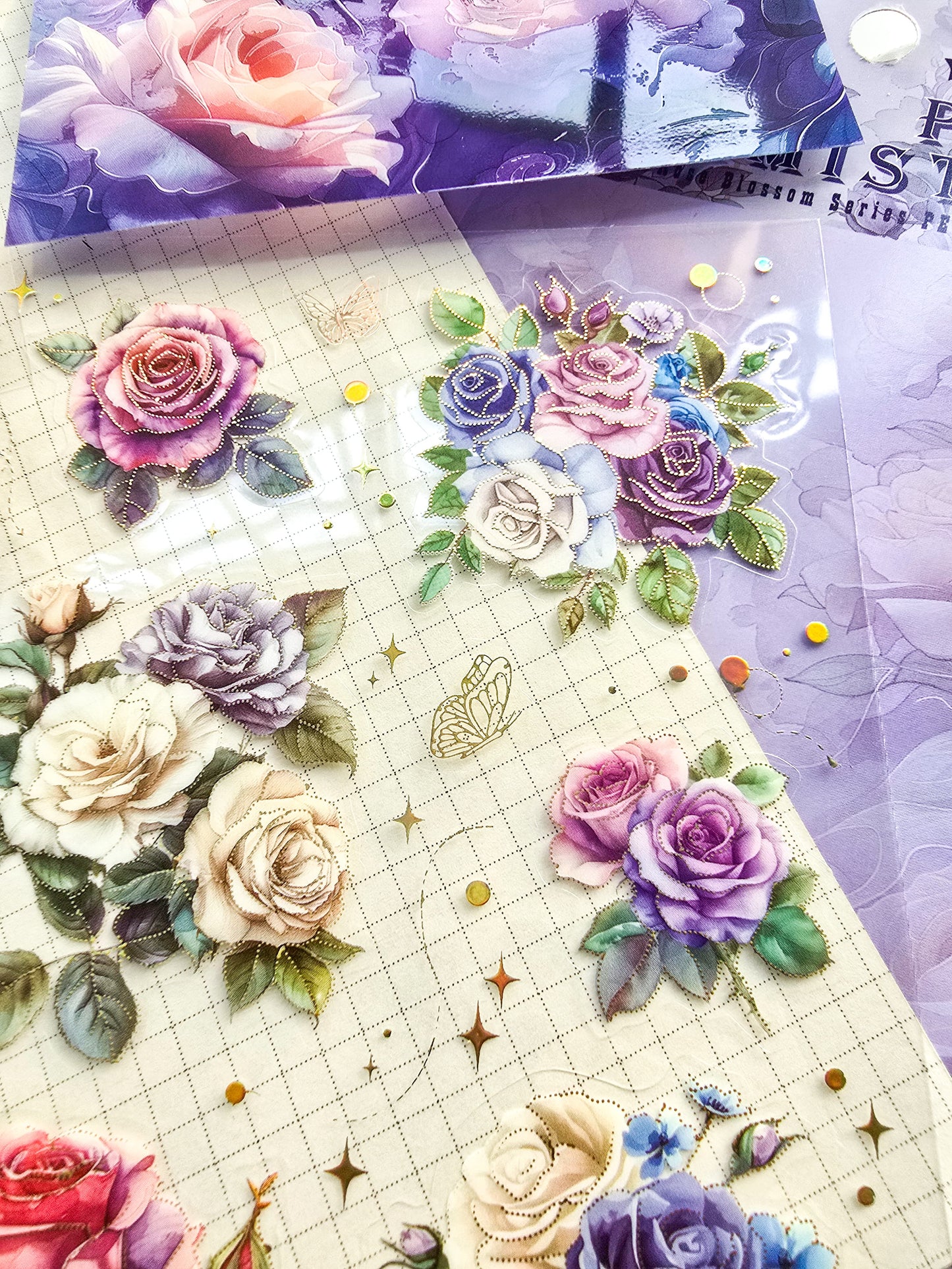 QWHK604 - stickers rose blossom series special oil hot stamping film cutting handbook waterproof pet stickers|Purple