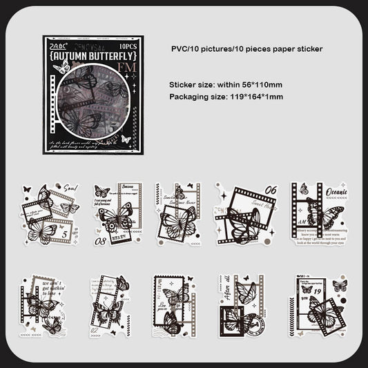 AYHY603 - sticker pack Dark Elegant Flower Rhythm series creative retro ins handbook material stickers DIY 10 pieces| Butterfly Retro Flim Strip Black & White Sticker