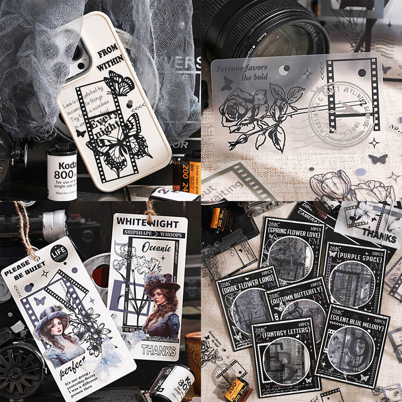 AYHY603 - sticker pack Dark Elegant Flower Rhythm series creative retro ins handbook material stickers DIY 10 pieces| Butterfly Retro Flim Strip Black & White Sticker