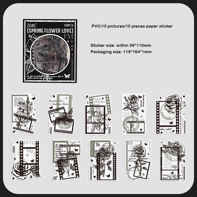 AYHY605 - sticker pack Dark Elegant Flower Rhythm series creative retro ins handbook material stickers DIY 10 pieces | Flower Rose Retro Flim Strip Black & White Sticker