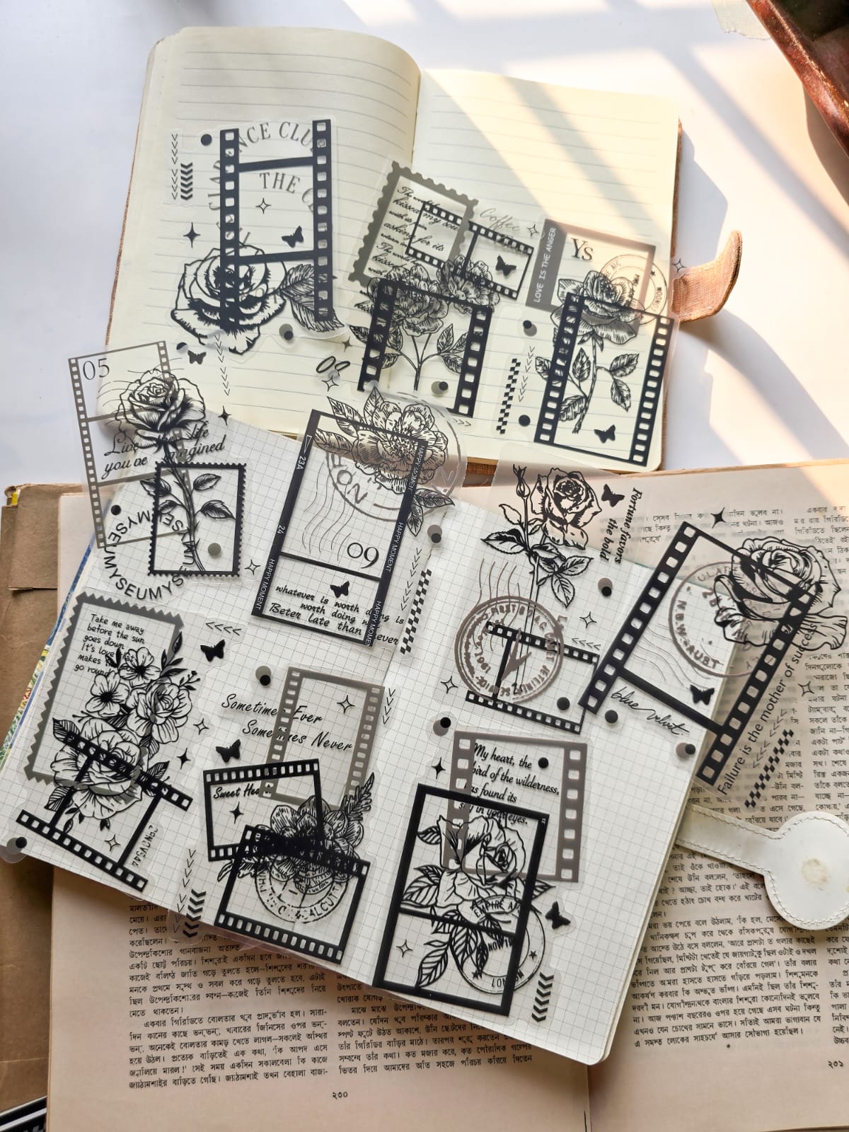 AYHY605 - sticker pack Dark Elegant Flower Rhythm series creative retro ins handbook material stickers DIY 10 pieces | Flower Rose Retro Flim Strip Black & White Sticker