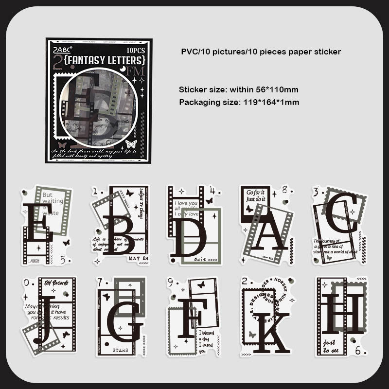 AYHY606 - sticker pack Dark Elegant Flower Rhythm series creative retro ins handbook material stickers DIY 10 pieces| Alphabet Letter Retro Flim Strip Black & White Sticker