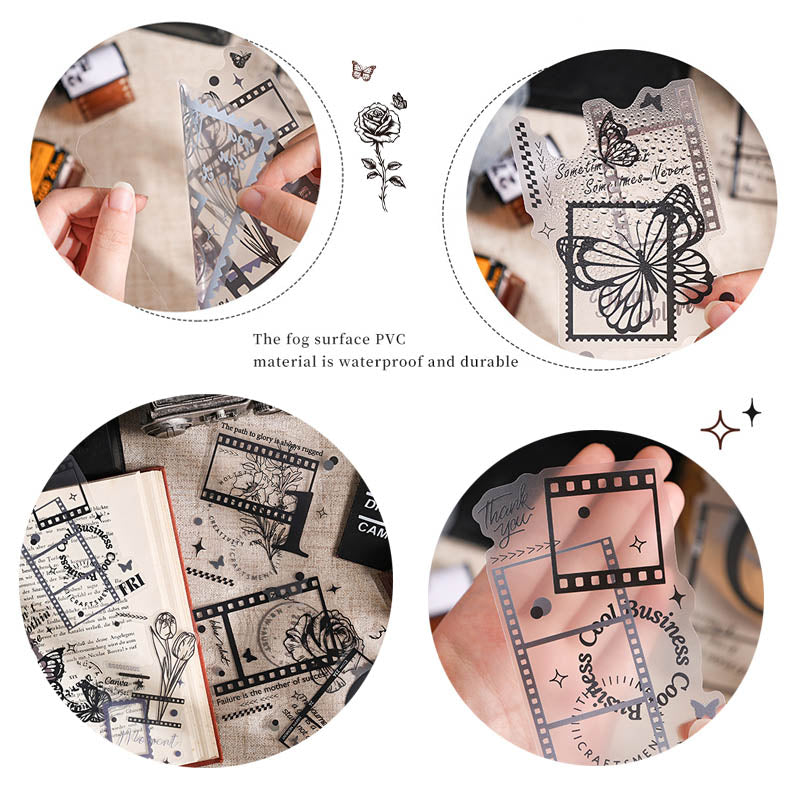 AYHY606 - sticker pack Dark Elegant Flower Rhythm series creative retro ins handbook material stickers DIY 10 pieces| Alphabet Letter Retro Flim Strip Black & White Sticker