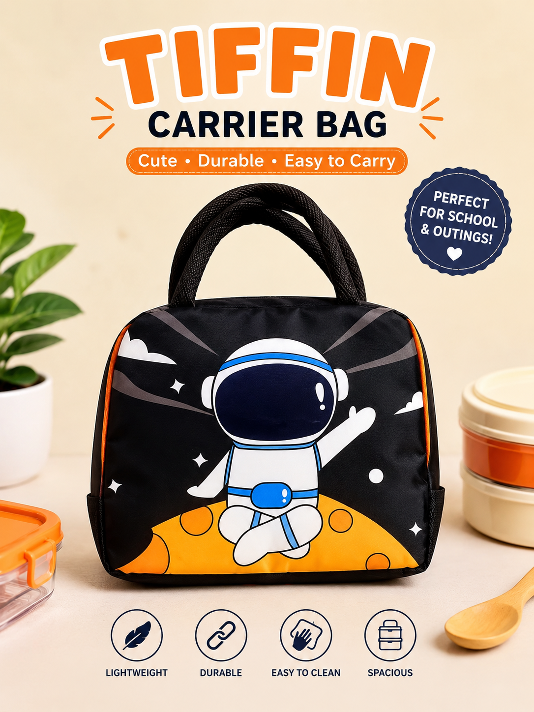 Black Checkered Kawaii Cartoon Tiffin Carrier Bag | 19*22mm