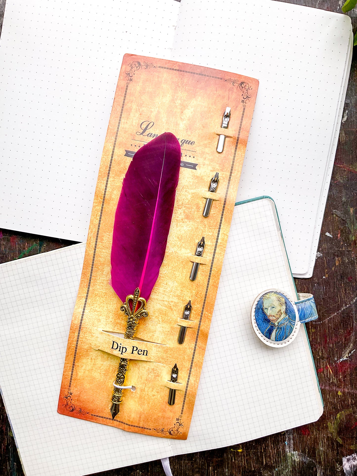 MG-265D-3 | vintage-style Purple Gold feather dip pen | Five Replacement Metals Nibs