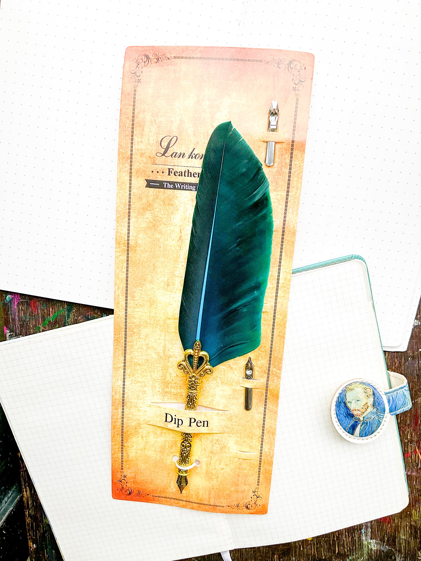 MG-265D-4 | Vintage-Style Green Gold Feather Dip Pen | Five Replacement Metals Nibs