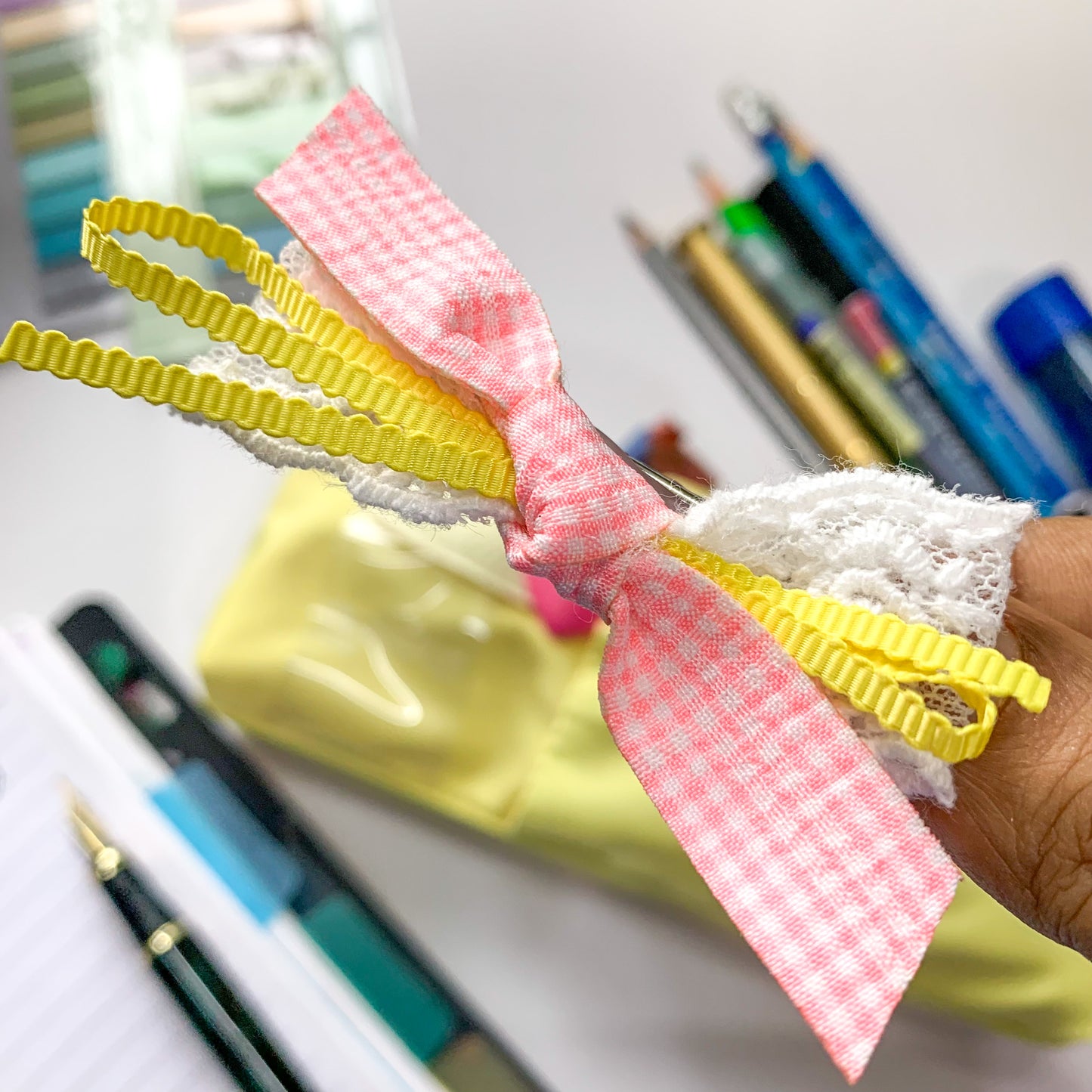 Pencil Fabric Bag With 2 Adorable Hair Clip Lemon yellow | 8X3 in