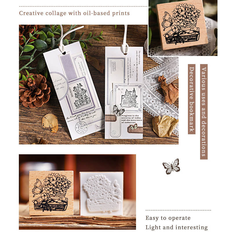 DMHX101 - seal butterfly fan flower letter series retro wood beech rubber wood seal diy hand account