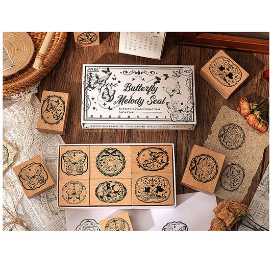 DWHY201 - seal butterfly flower print series retro beech wooden seal hand account decoration tools 6 pieces into
