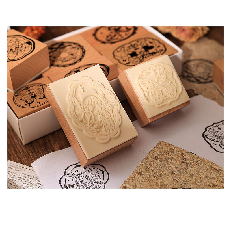DWHY201 - seal butterfly flower print series retro beech wooden seal hand account decoration tools 6 pieces into