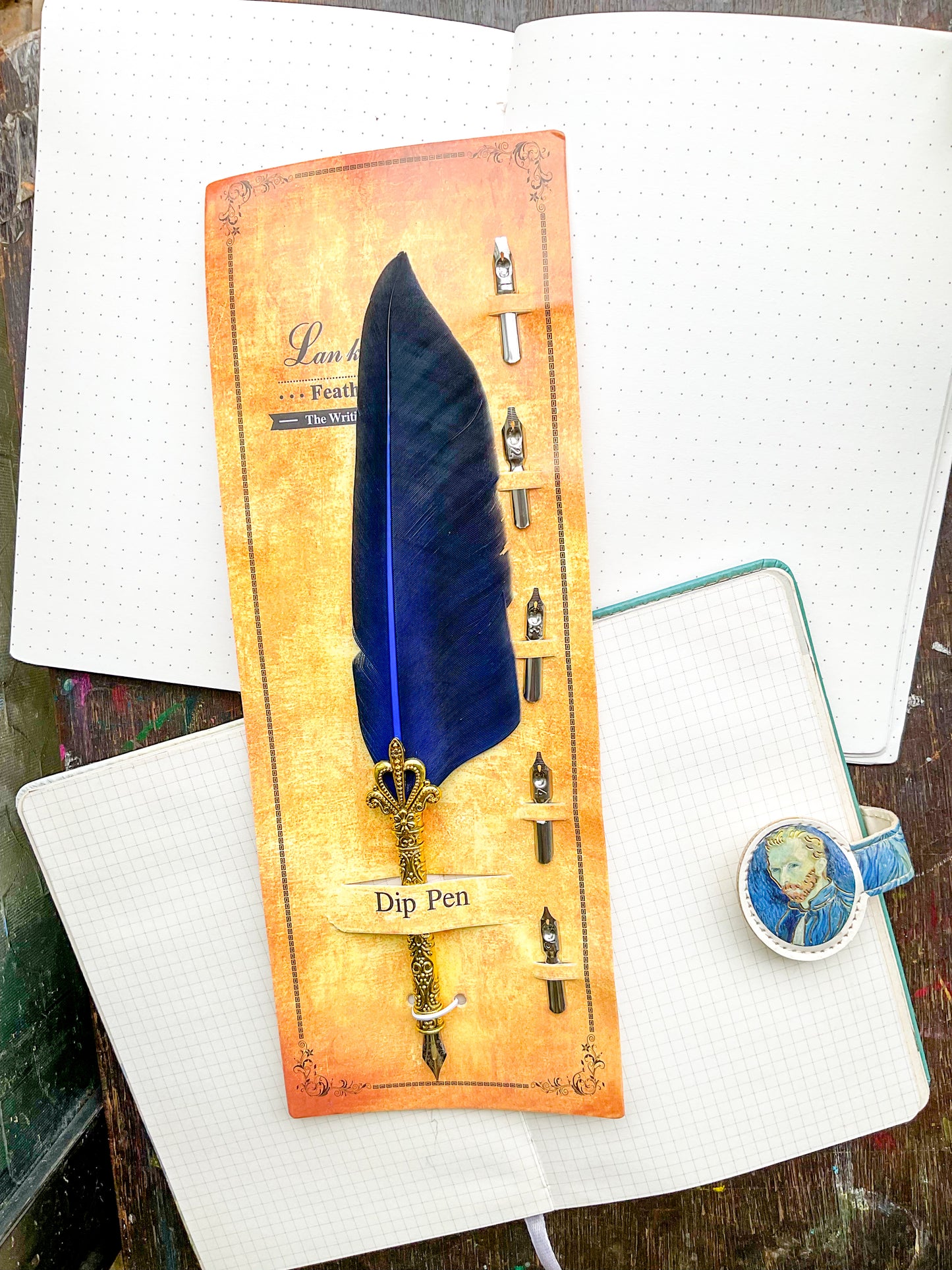 MG-265D-6 | Vintage-Style Blue Gold Feather Dip Pen | Five Replacement Metals Nibs