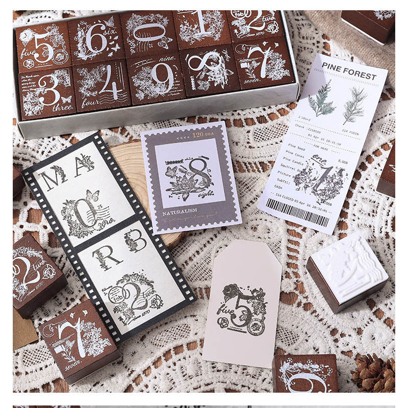 FHLY202 - Cross Border ZABC Flowers Brush Series Beech Seal Letter Hand Curtain Seal Retro Wooden Numbers