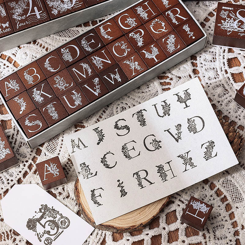 FHLY202 - Cross Border ZABC Flowers Brush Series Beech Seal Letter Hand Curtain Seal Retro Wooden Numbers