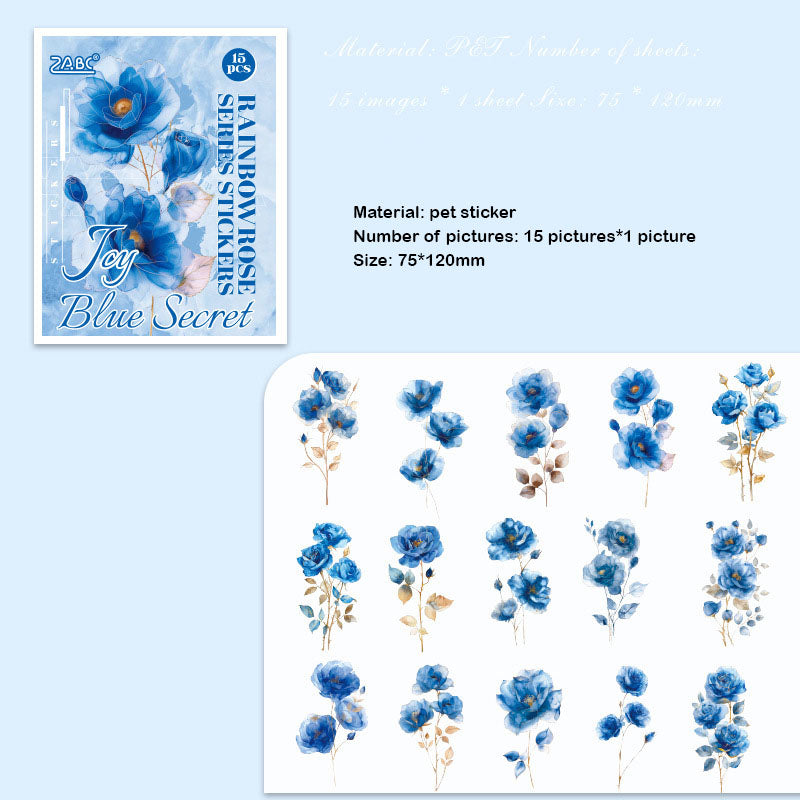 HCMG602 - sticker pack rainbow rose series of flowers waterproof pet hand account material sticker 15 into(Blue)