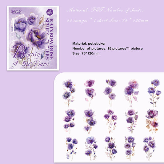 HCMG603 - sticker pack rainbow rose series of flowers waterproof pet hand account material sticker 15 into (Purple)