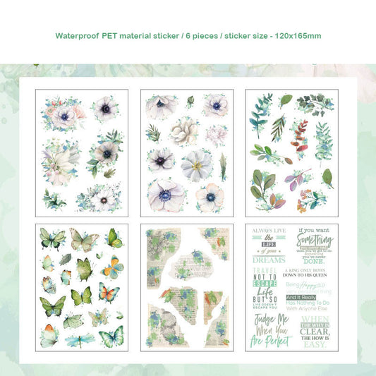 HDLY601 - sticker pack flower butterfly green leaf series retro PET cut film flower handbook material DIY 6 sheets(Green)