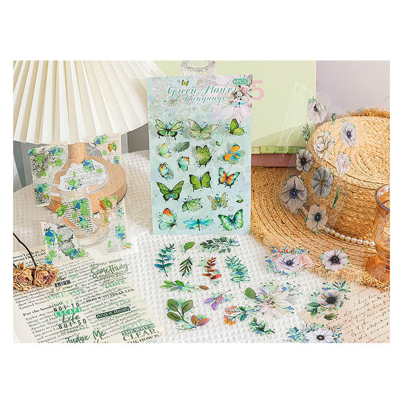 HDLY601 - sticker pack flower butterfly green leaf series retro PET cut film flower handbook material DIY 6 sheets(Green)
