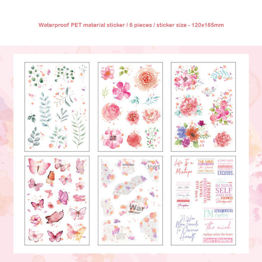 HDLY602 - sticker pack flower butterfly green leaf series retro PET cut film flower handbook material DIY 6 sheets(Pink)