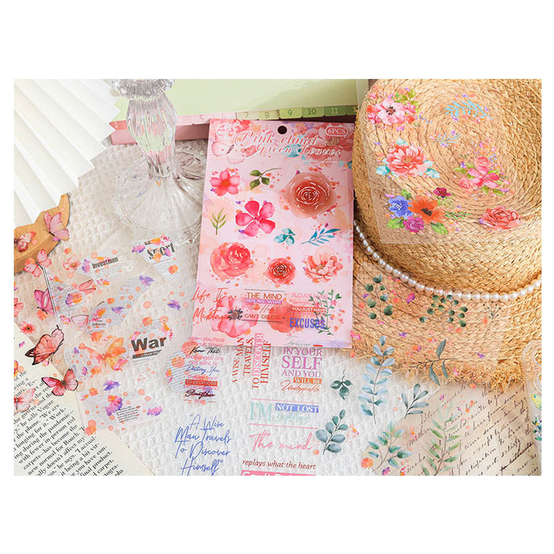 HDLY602 - sticker pack flower butterfly green leaf series retro PET cut film flower handbook material DIY 6 sheets(Pink)