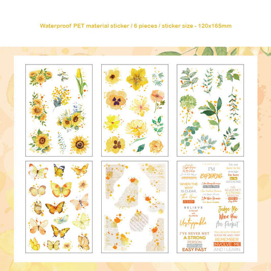 HDLY603 - sticker pack flower butterfly green leaf series retro PET cut film flower handbook material DIY 6 sheets(Yellow)