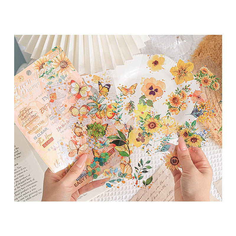 HDLY603 - sticker pack flower butterfly green leaf series retro PET cut film flower handbook material DIY 6 sheets(Yellow)