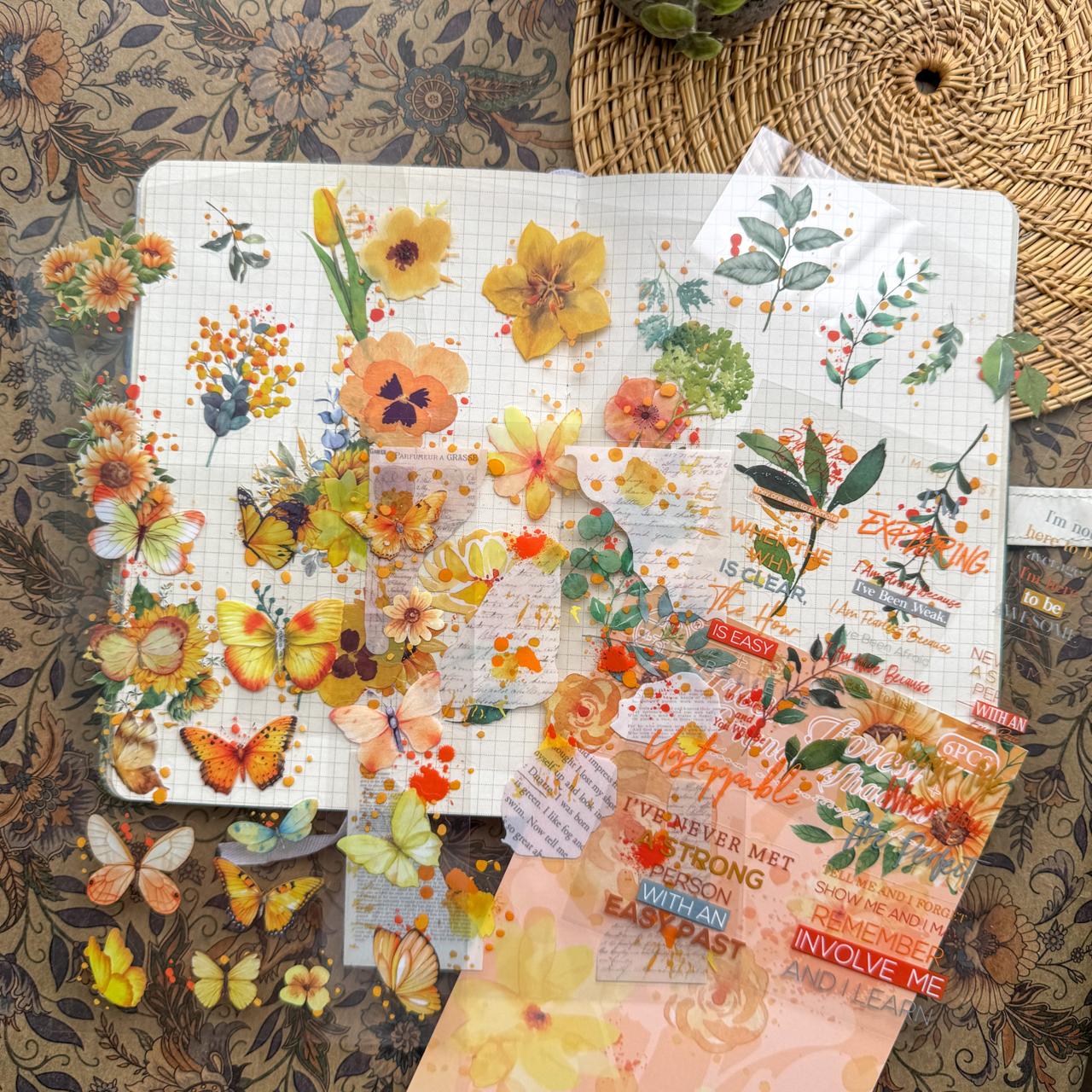HDLY603 - sticker pack flower butterfly green leaf series retro PET cut film flower handbook material DIY 6 sheets(Yellow)