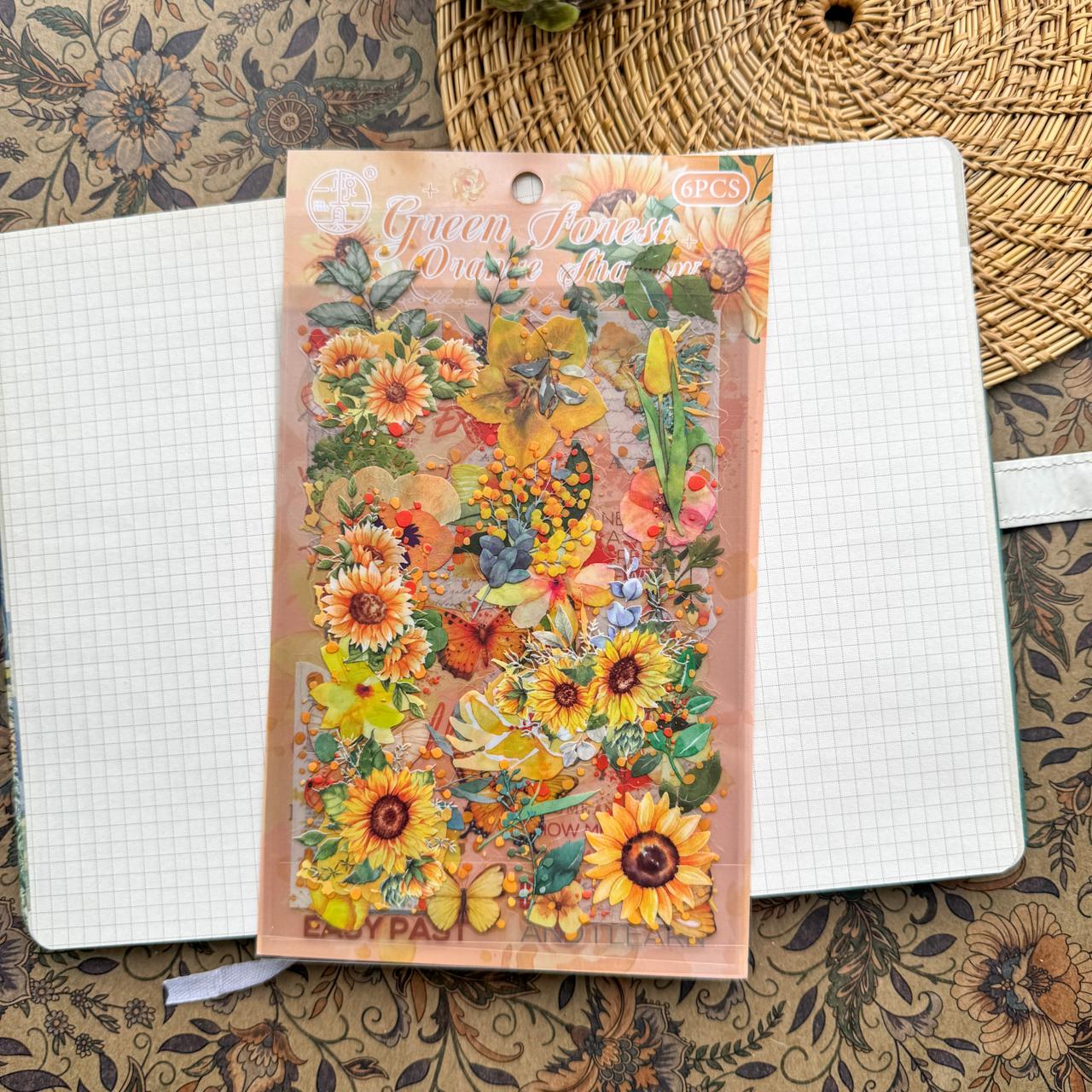 HDLY603 - sticker pack flower butterfly green leaf series retro PET cut film flower handbook material DIY 6 sheets(Yellow)