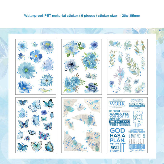 HDLY605 - sticker pack flower butterfly green leaf series retro PET cut film flower handbook material DIY 6 sheets(Blue)